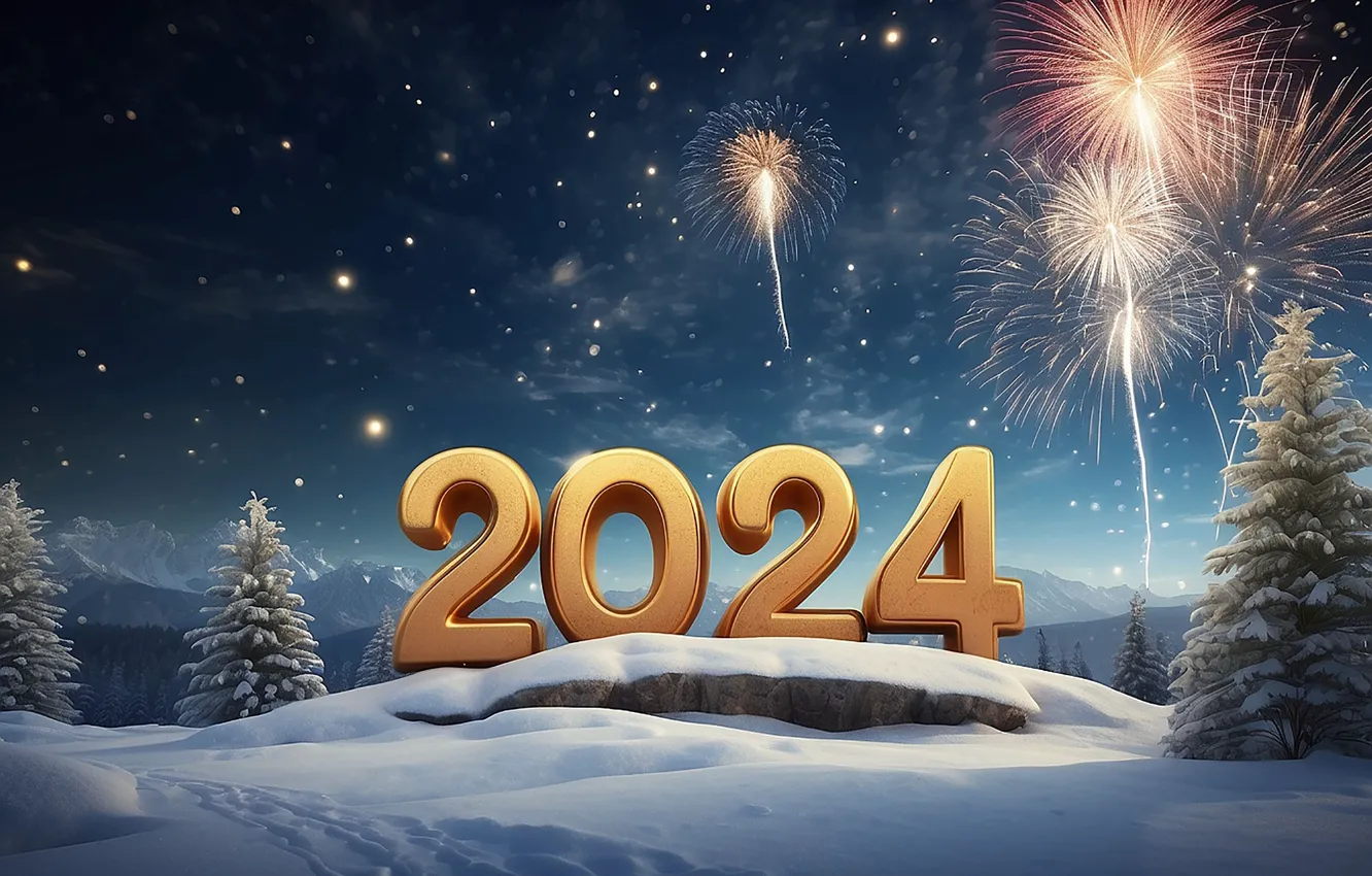 Фото обои цифры, Новый год, golden, winter, snow, fireworks, decoration, numbers
