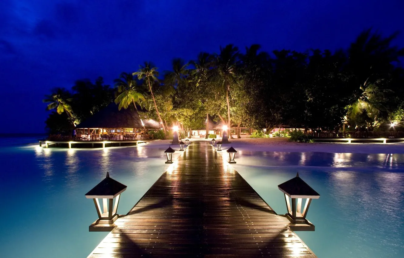Фото обои мост, пальмы, океан, вечер, причал, Мальдивы, курорт