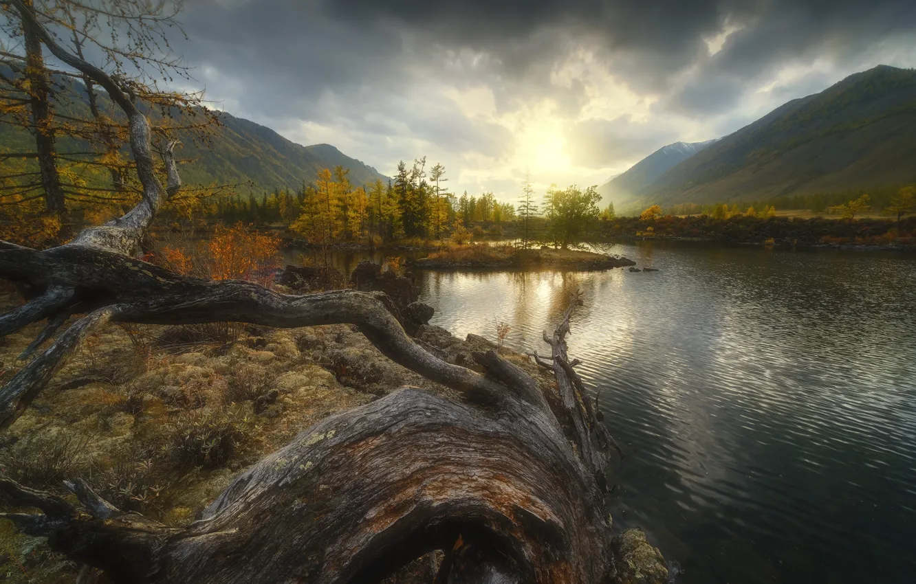 Фото обои осень, пейзаж, закат, горы, тучи, природа, река, долина