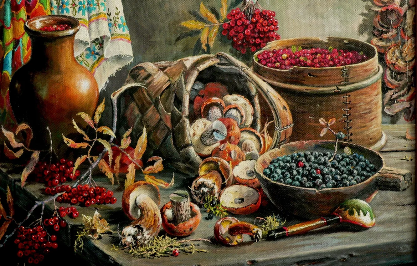 Фото обои ягоды, грибы, арт, натюрморт, Андрей Лях