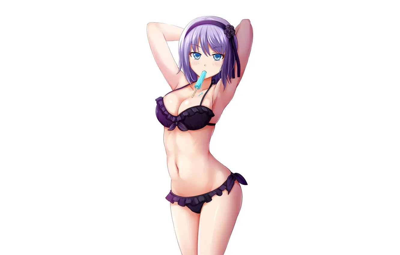 Фото обои girl, sexy, cleavage, boobs, anime, blue eyes, beautiful, short hair
