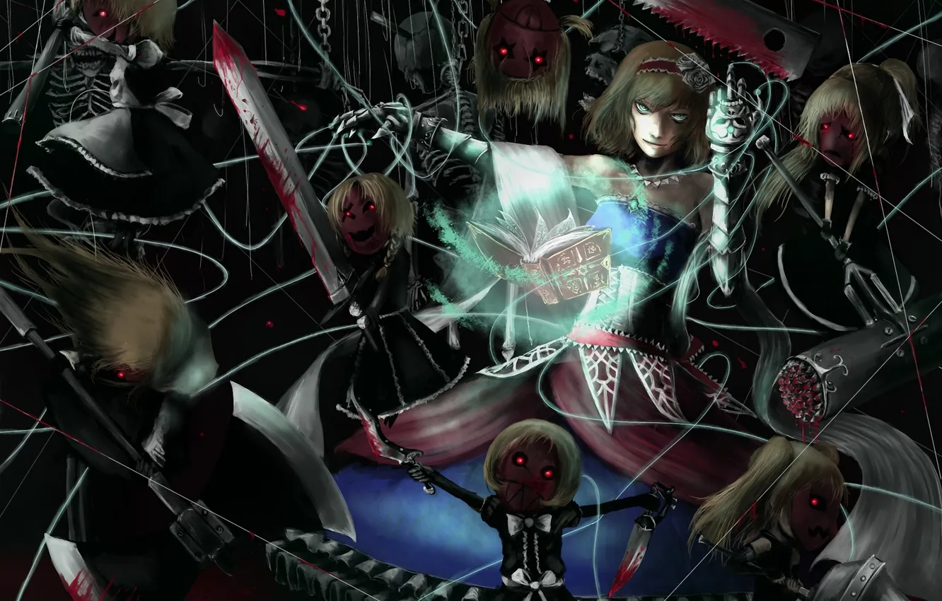 Фото обои девушка, оружие, магия, кровь, куклы, меч, арт, скелет