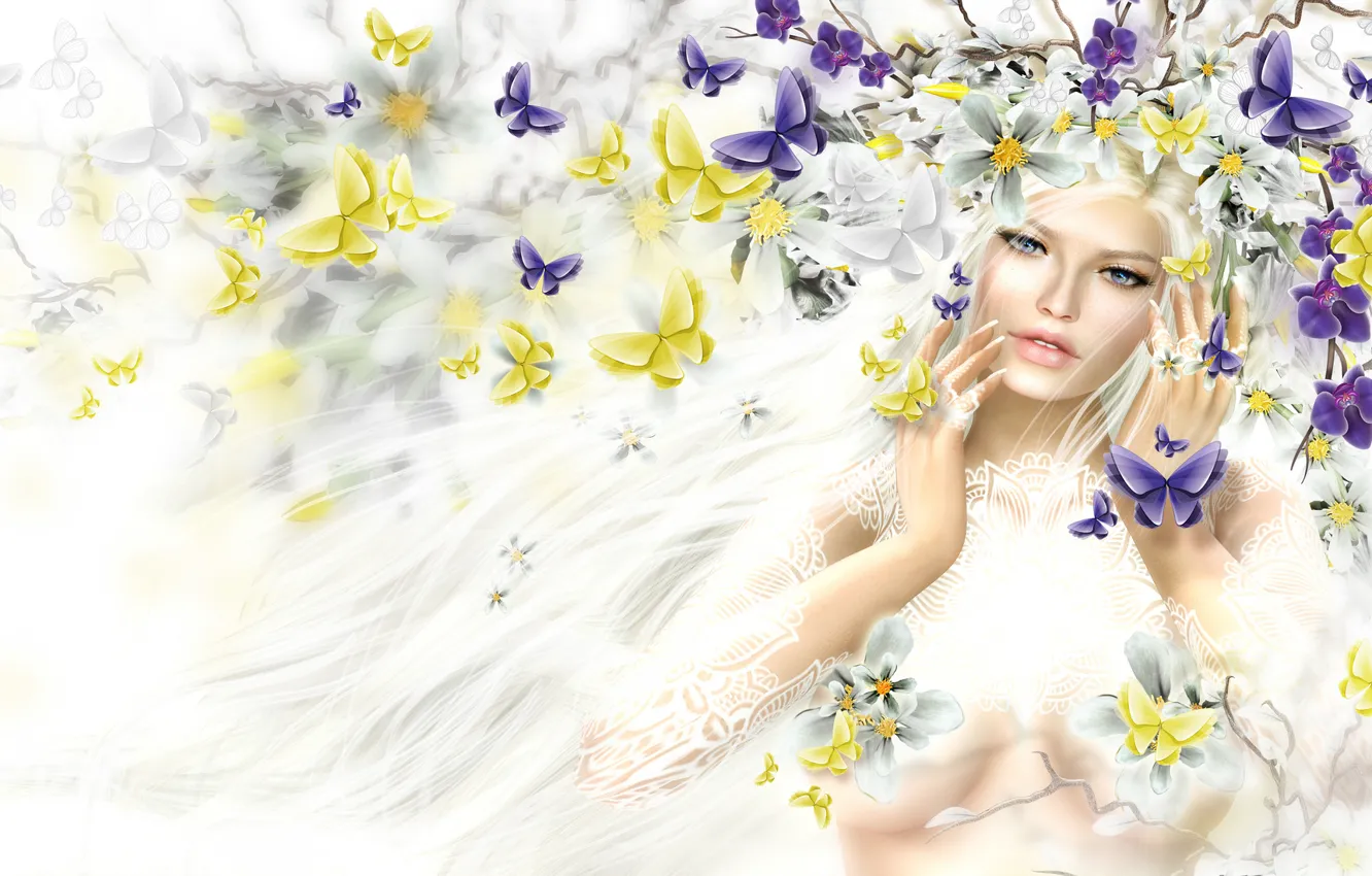 Фото обои девушка, бабочки, цветы, волосы, весна, блондинка, венок