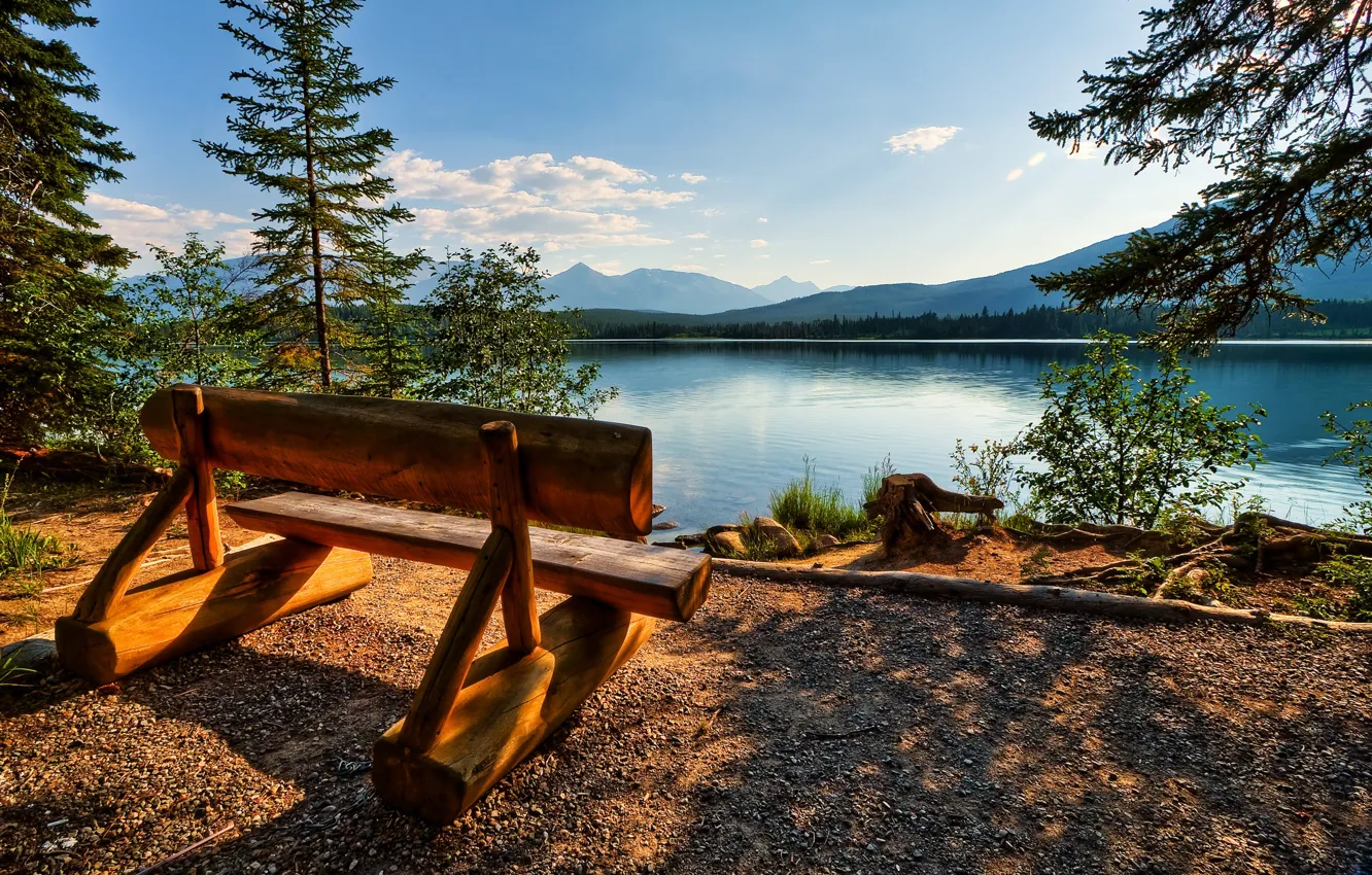 Фото обои скамейка, Небо, Озеро, Канада, Jasper, Alberta