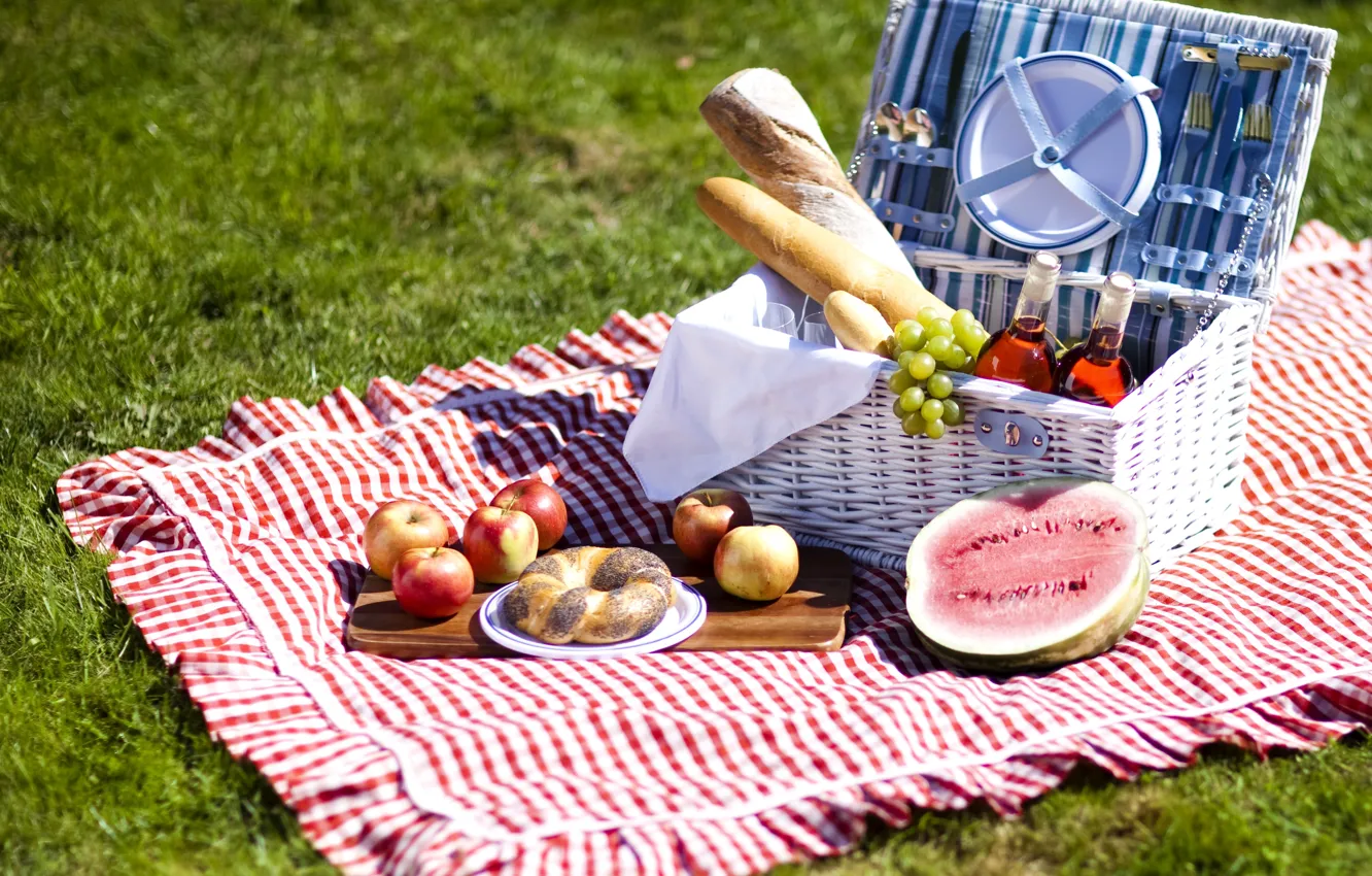 Фото обои вино, яблоки, еда, арбуз, хлеб, виноград, фрукты, пикник