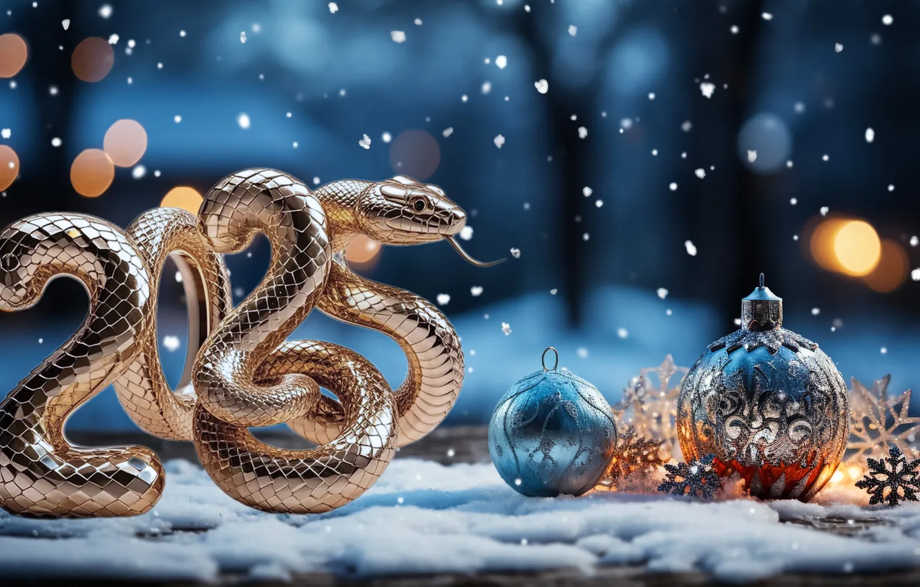 Фото обои снег, украшения, цифры, Новый год, golden, new year, winter, snow