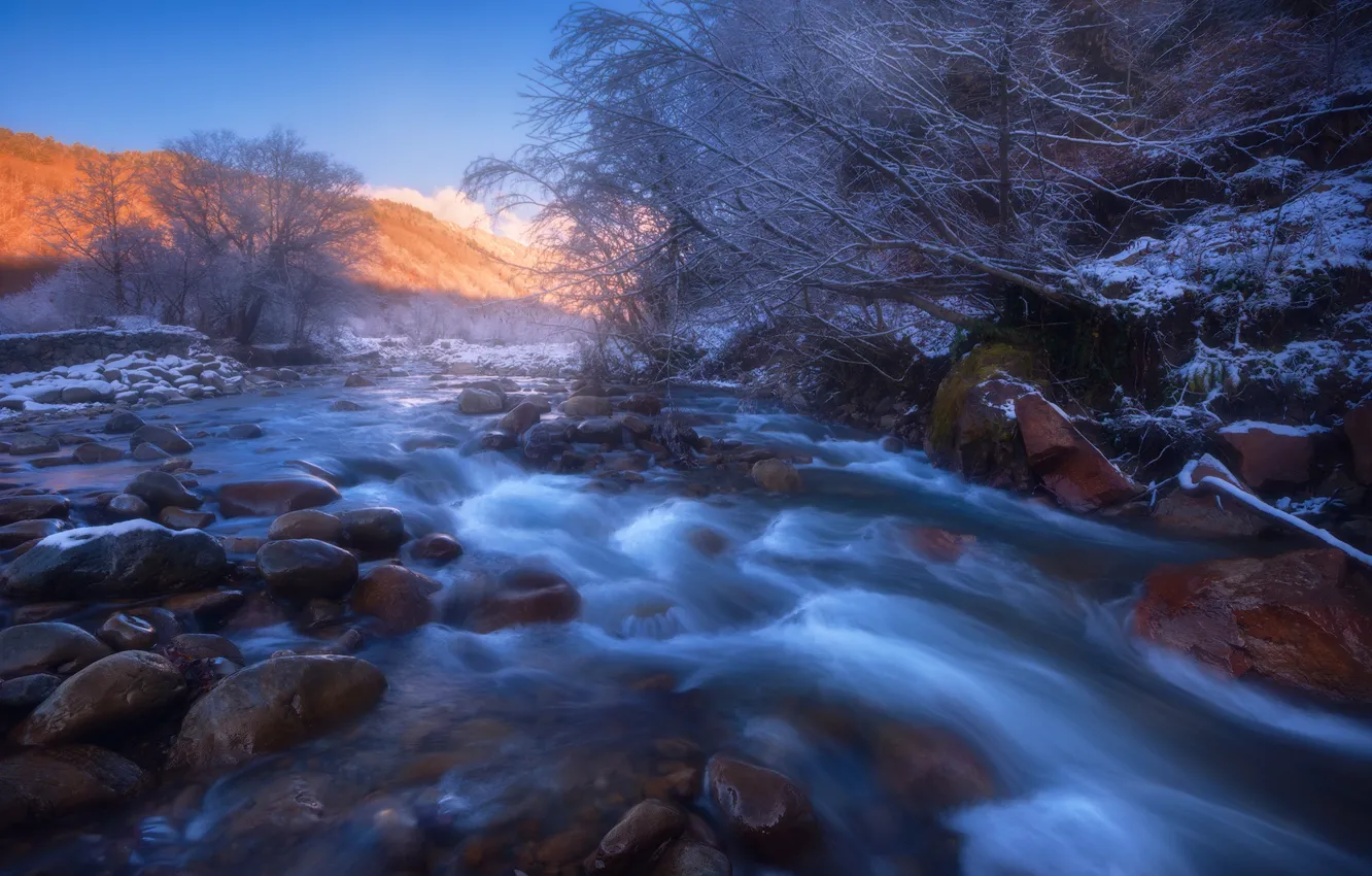 Фото обои зима, деревья, природа, река, камни, течение, вид, sozel
