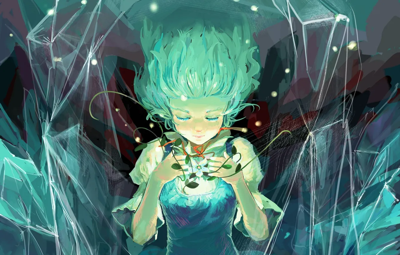 Фото обои сияние, магия, кристаллы, touhou, art, цветочек, закрытые глаза, Cirno