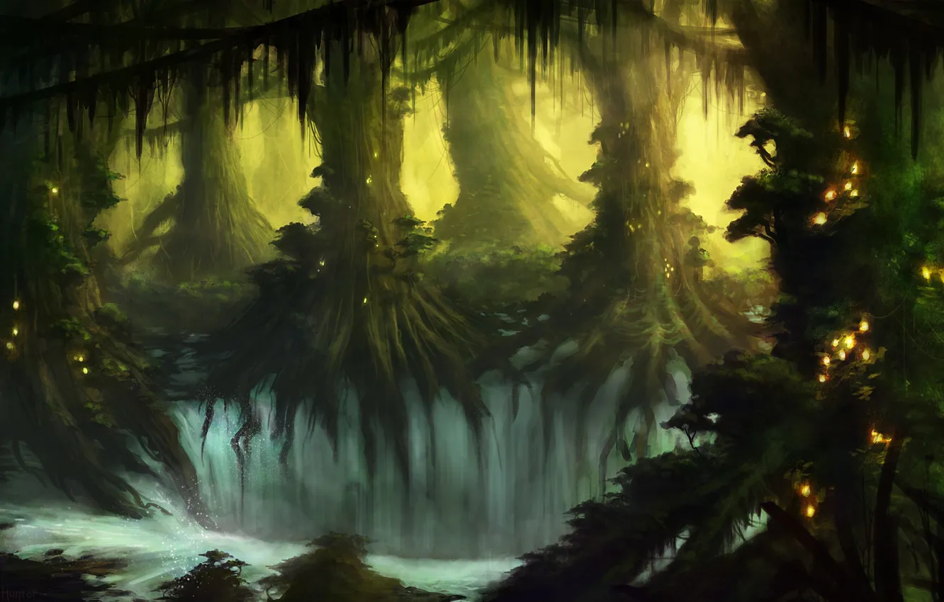 Фото обои лес, деревья, фантастика, заросли, чаща, арт, водопады
