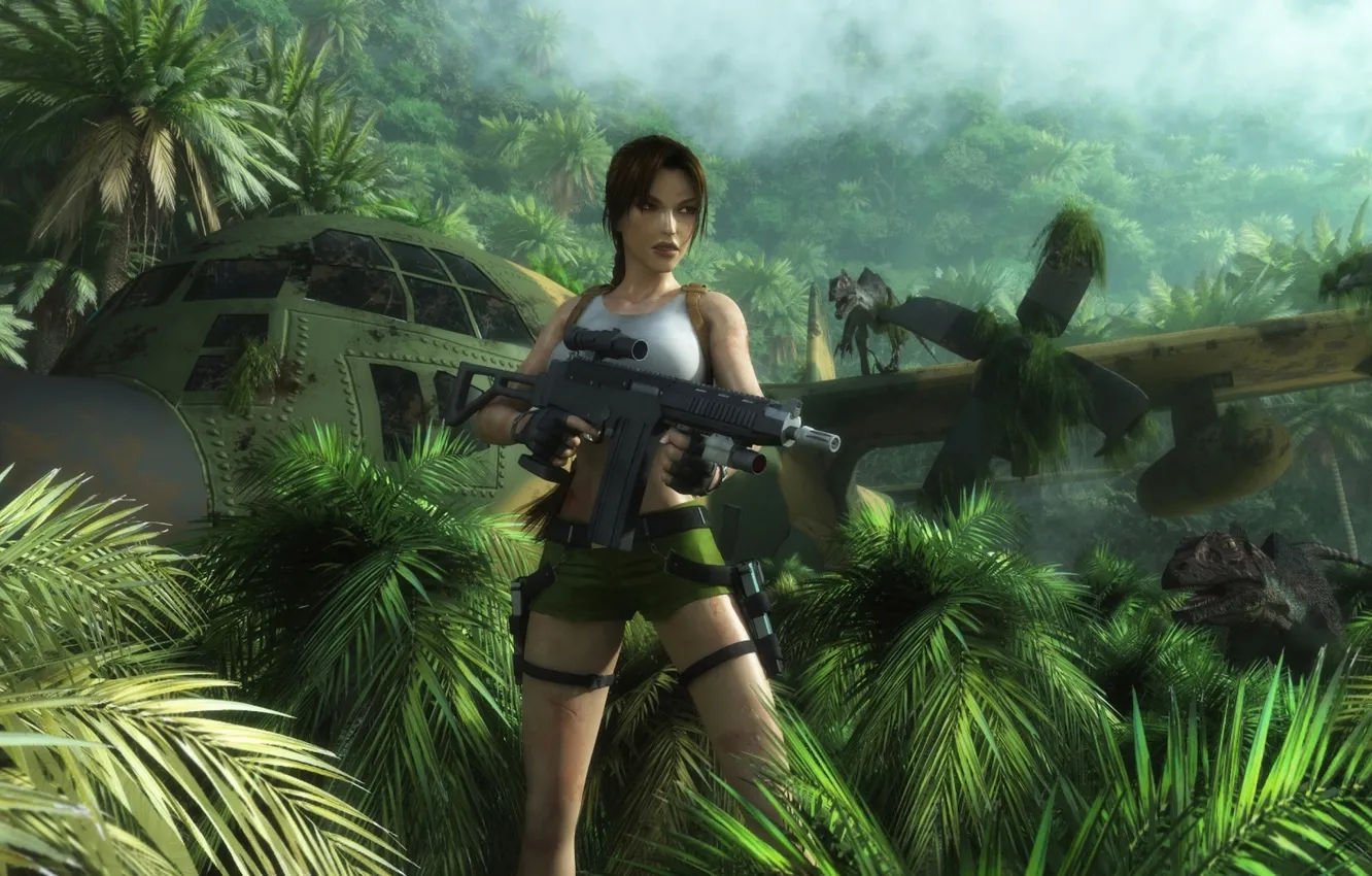Фото обои девушка, самолет, шорты, джунгли, автомат, динозавры, Tomb Raider, shorts