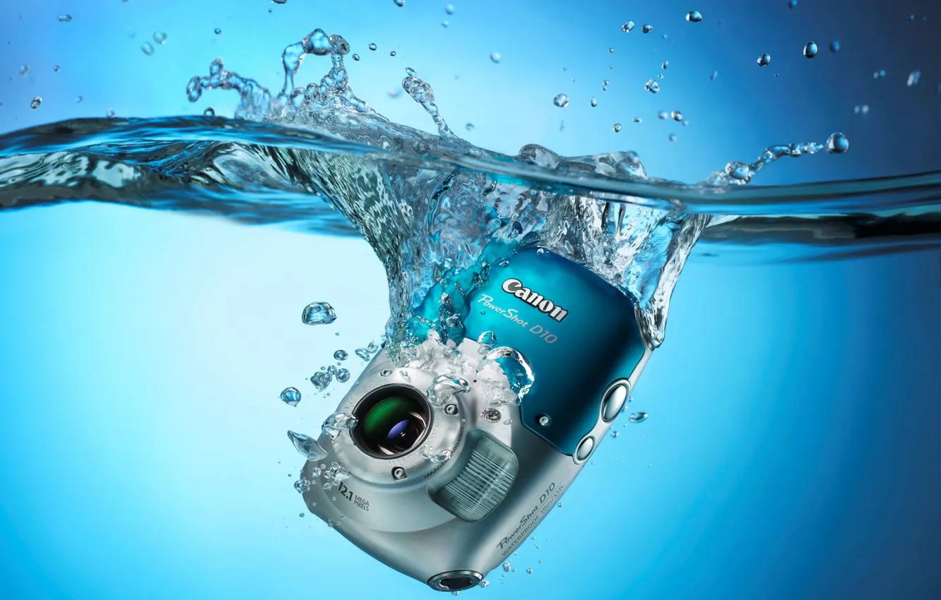 Фото обои вода, капли, брызги, фон, голубой, обои, фотоаппарат, Canon PowerShot D10