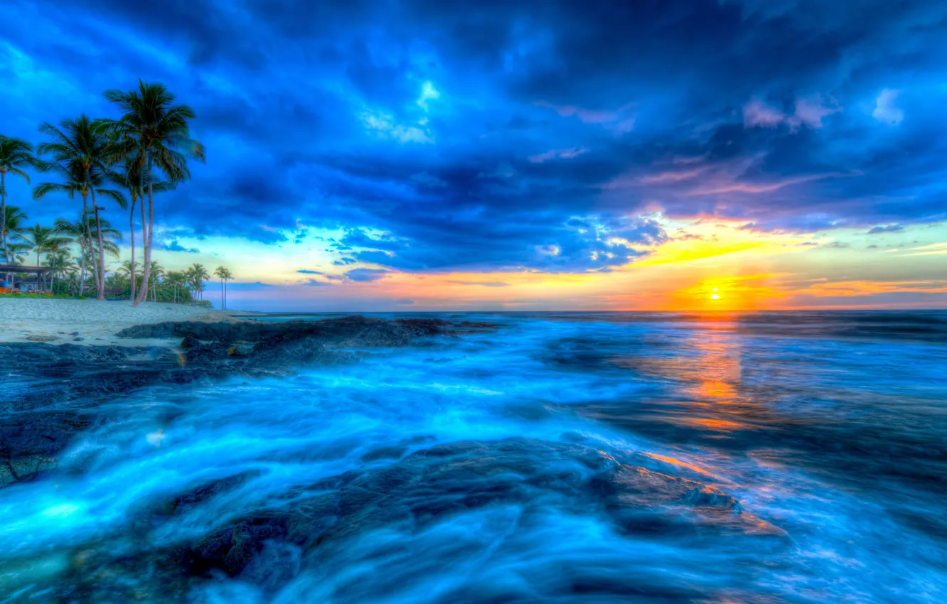 Фото обои закат, тропики, пальмы, океан, Гавайи, Pacific Ocean, Hawaii, Тихий океан