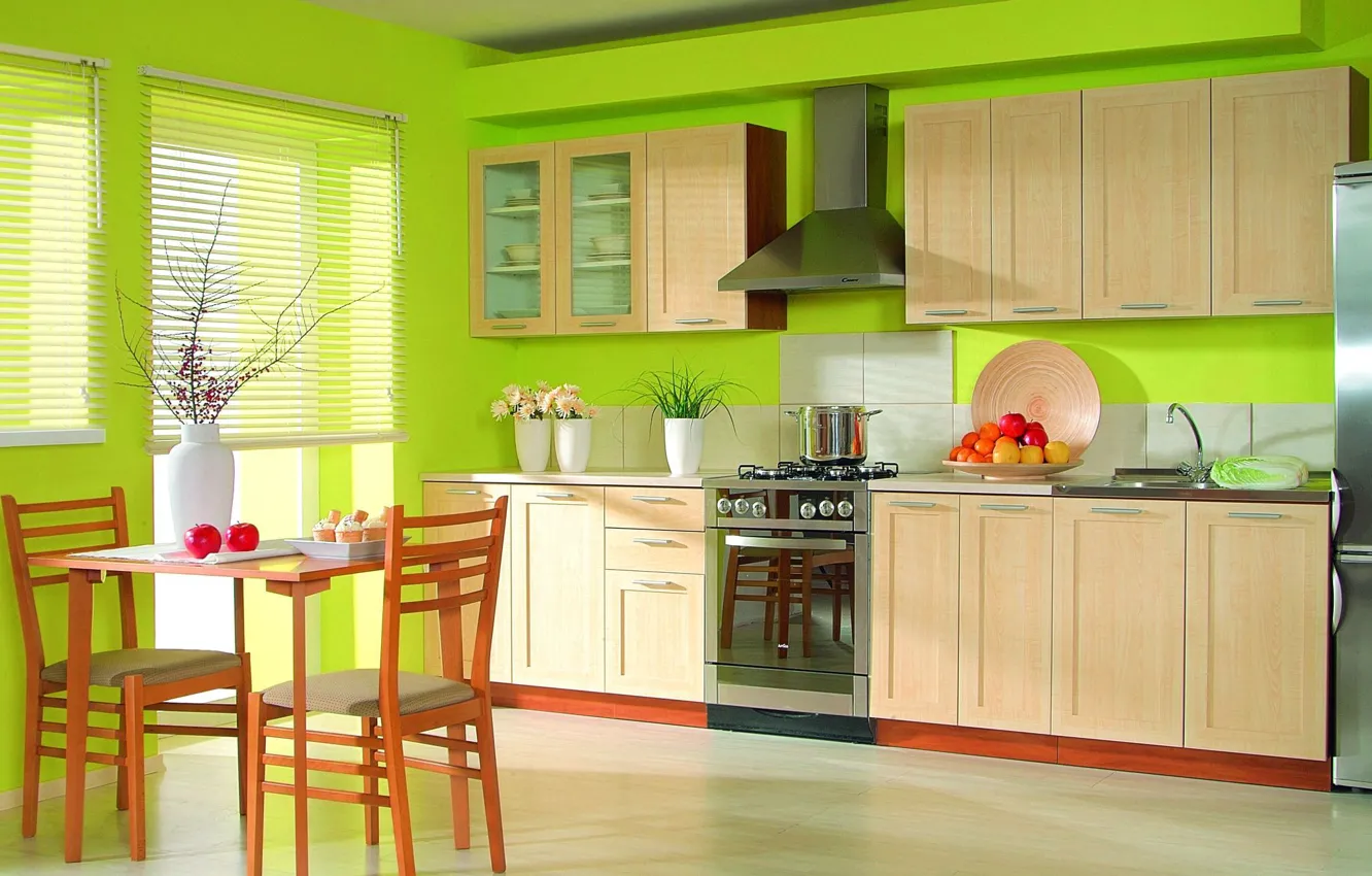 Фото обои Кухня, Мебель, Зеленый цвет