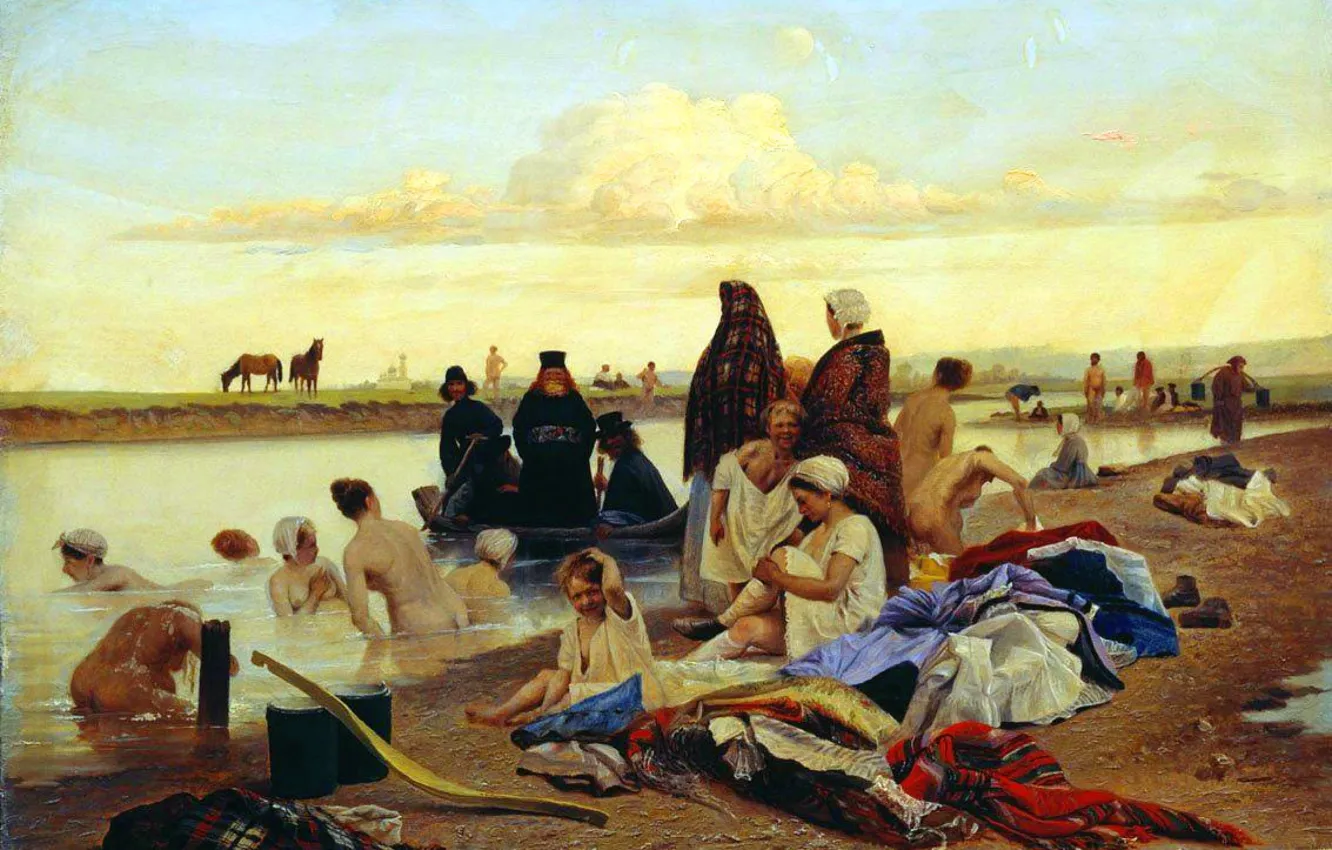 Фото обои река, женщина, лодка, картина, монах, Российский художник, Монахи (Не туда заехали), Lev Solovyov