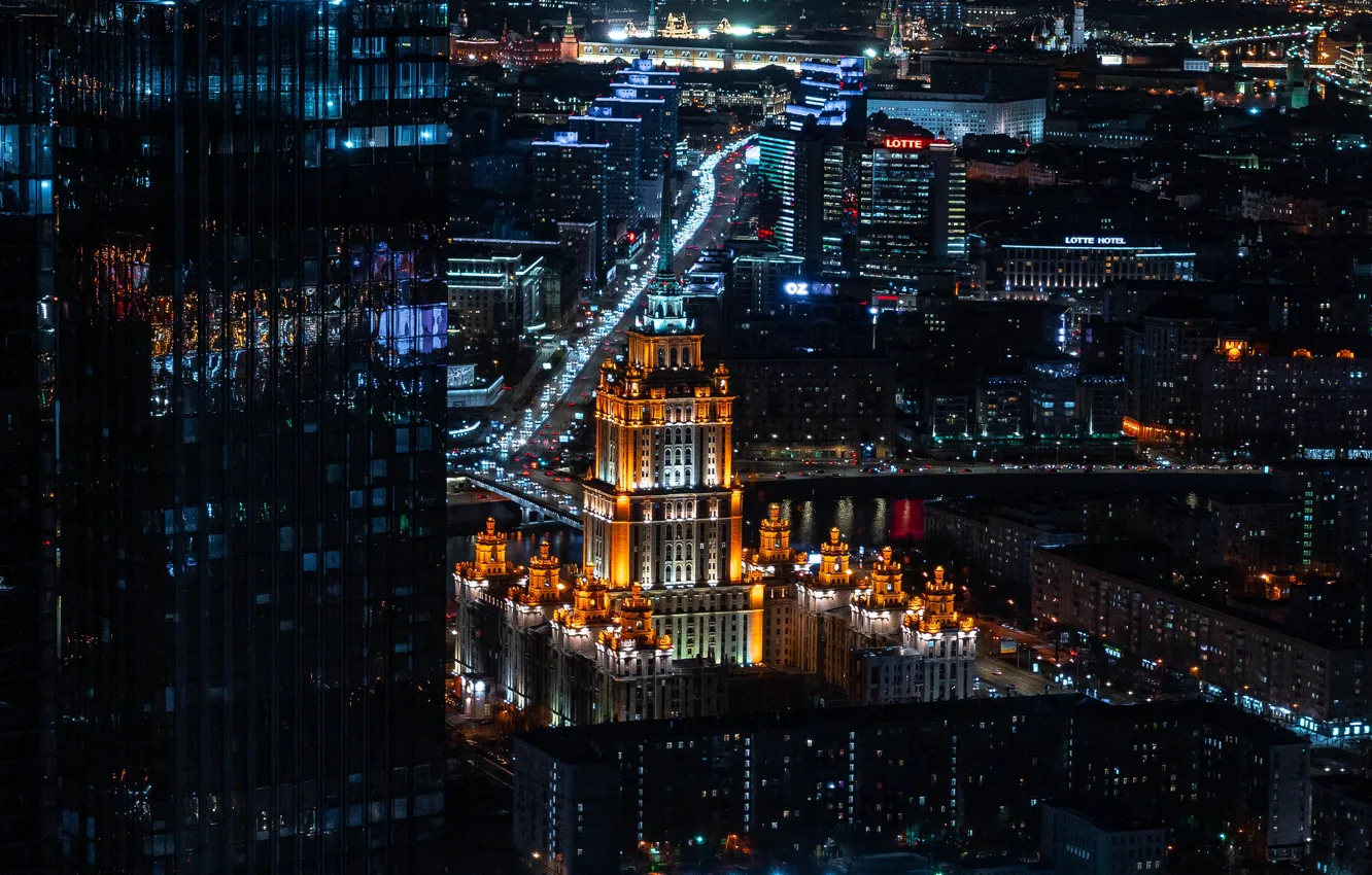 Фото обои city, lights, Москва, night, skyscraper, roads, Moscow, buildings