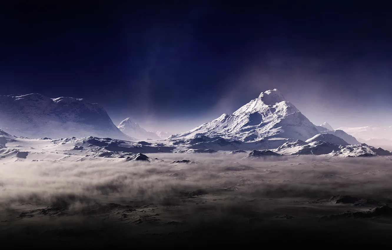 Фото обои горы, туман, пыль, арт, дымка, Тьма