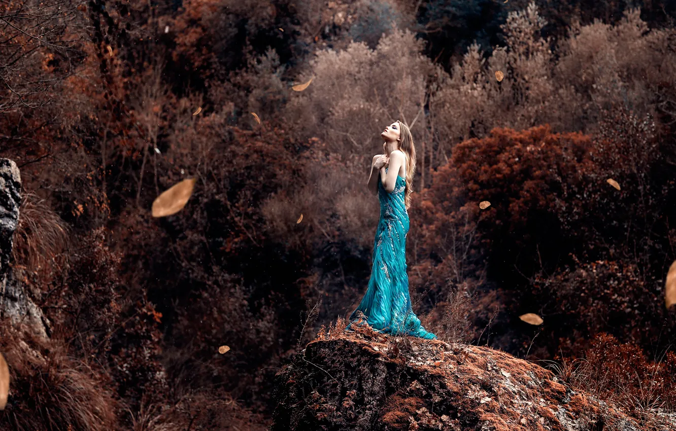 Фото обои листья, девушка, ветер, платье, Alessandro Di Cicco, Ray Of Light