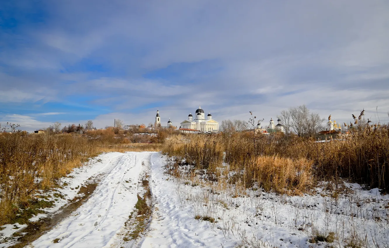 Фото обои осень, снег, пейзаж, октябрь, собор, церкви, арзамас