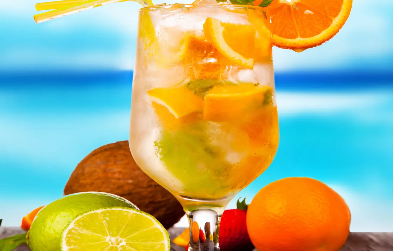 Фото обои summer, beach, fresh, fruit, orange, drink, cocktail, tropical