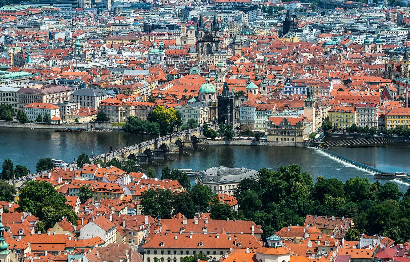 Фото обои дома, Прага, Чехия, панорама, Карлов мост, река Влтава