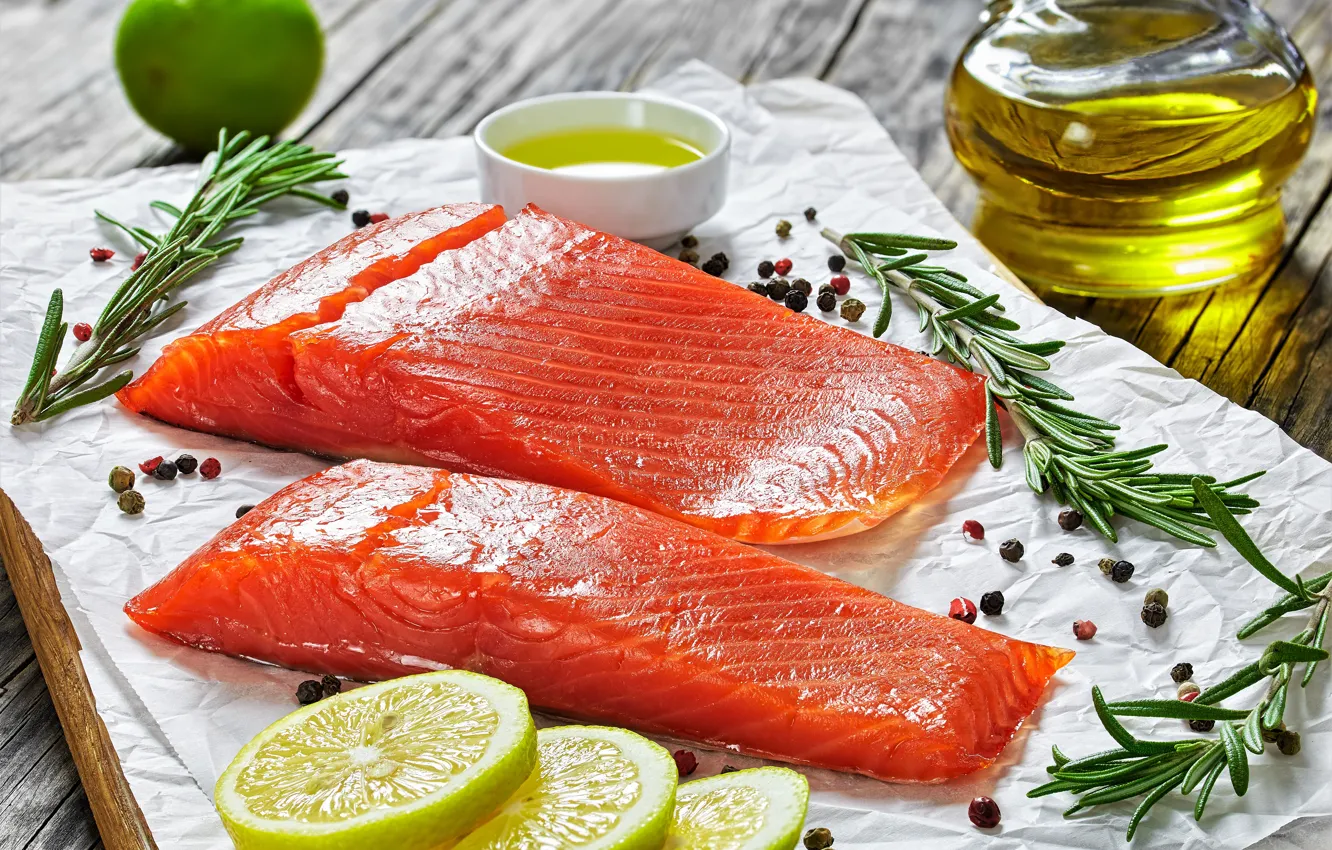 Фото обои лимон, еда, рыба, lemon, специи, розмарин, olive oil, steak