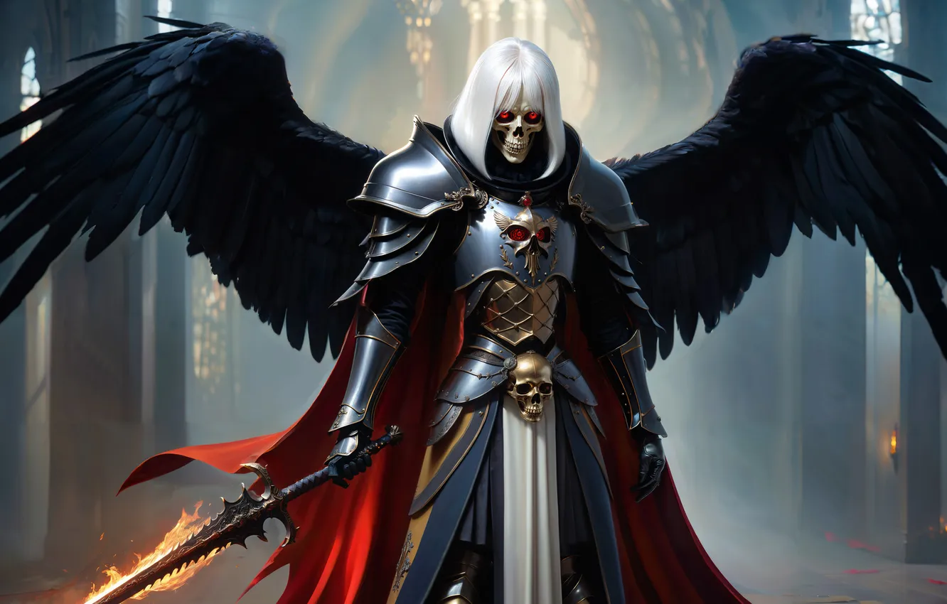 Фото обои крылья, меч, фэнтези, скелет