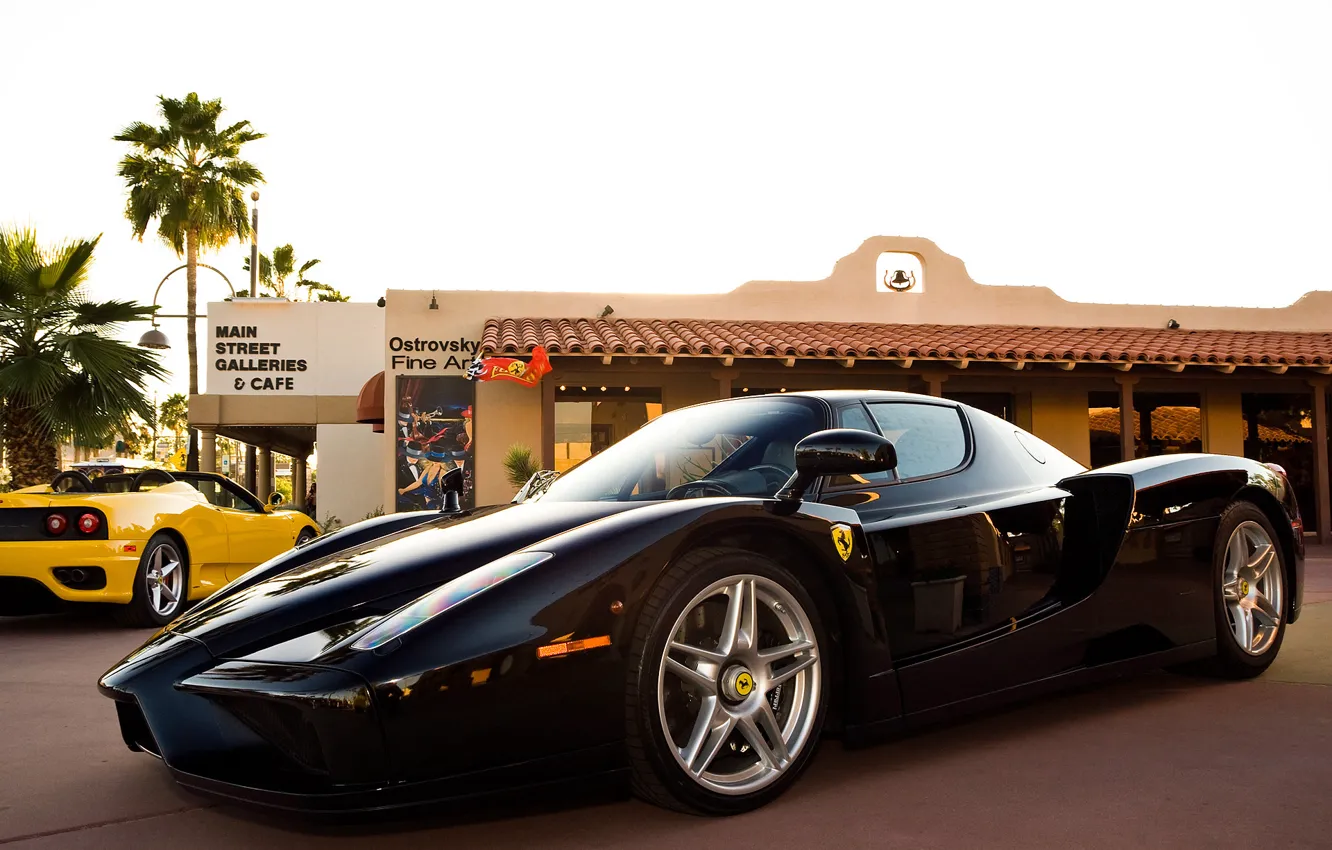 Фото обои желтый, пальмы, черный, кафе, Ferrari, феррари, black, 360