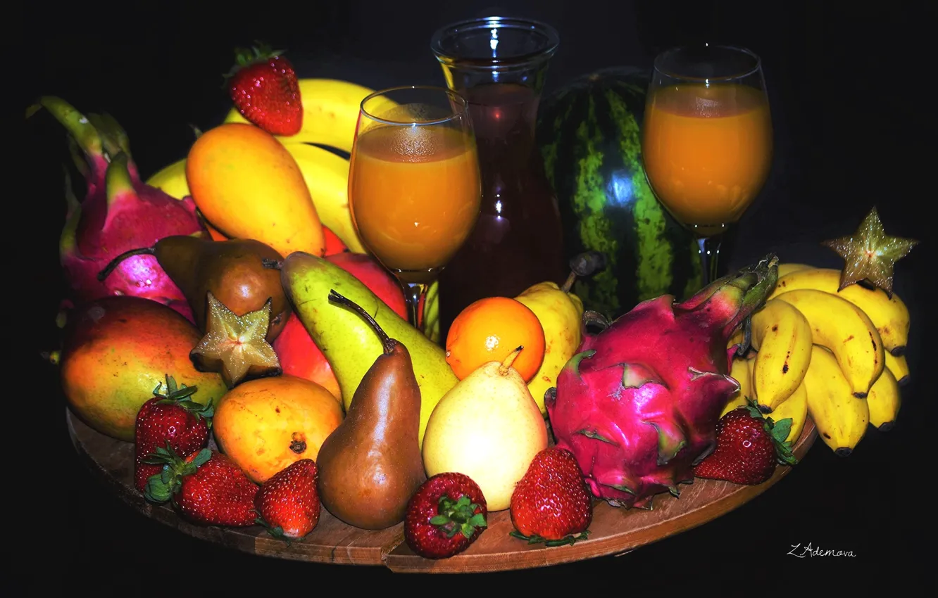 Фото обои ягоды, арбуз, клубника, сок, груша, фрукты, манго, банан