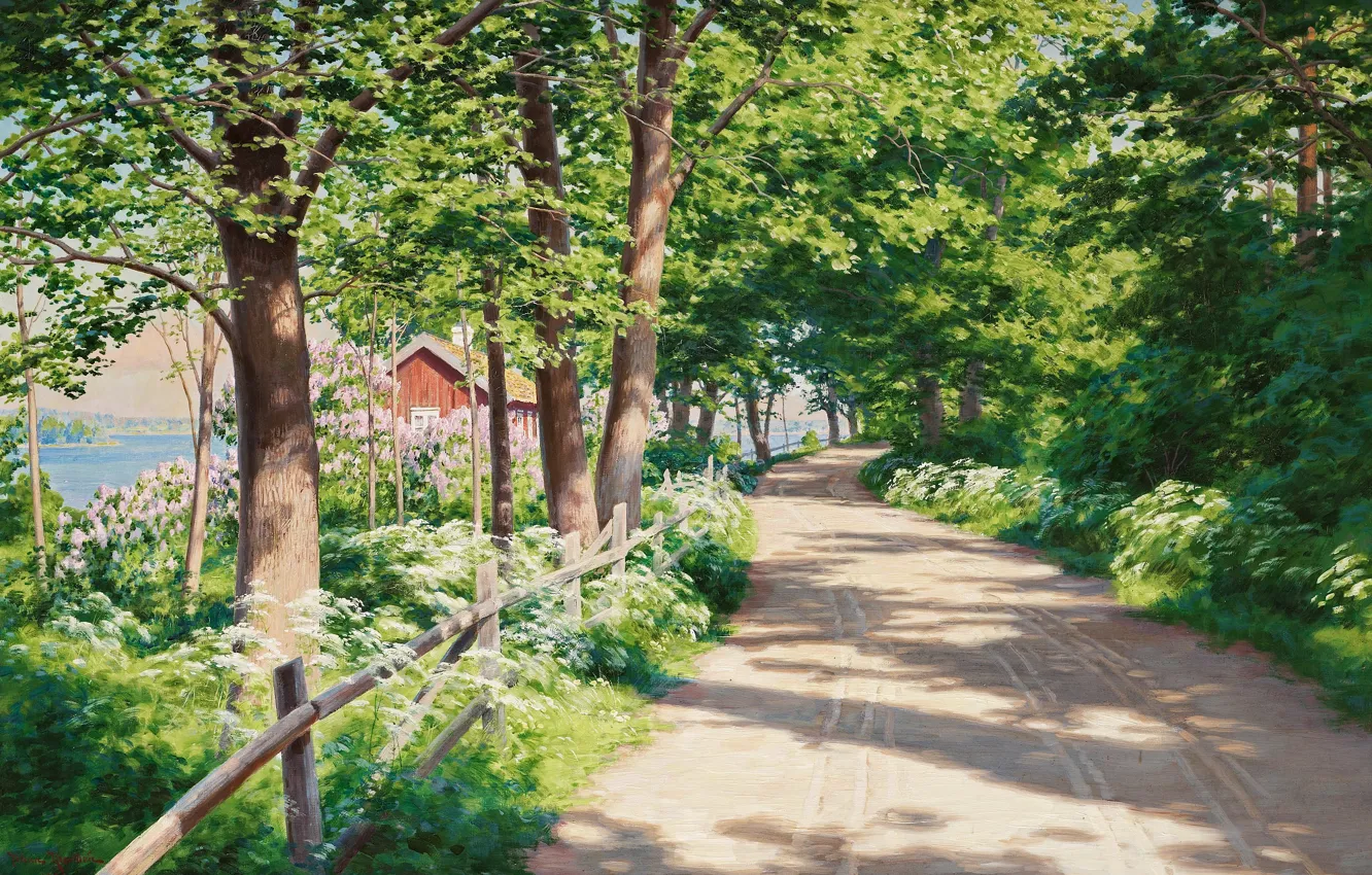 Фото обои дорога, деревья, пейзаж, дом, солнечный свет, Johan Krouthen