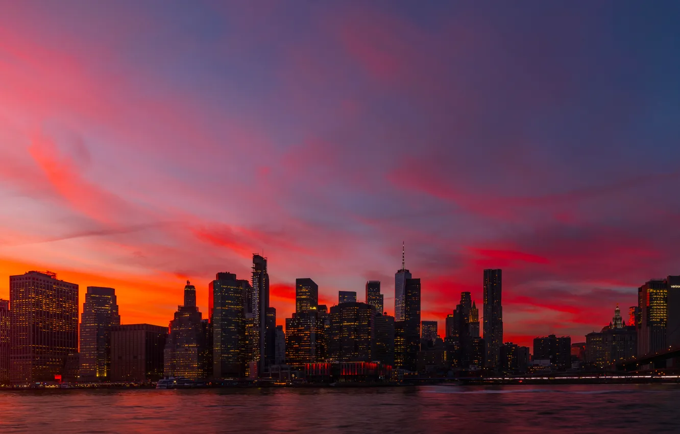 Фото обои city, lights, USA, river, skyline, sky, bridge, sunset