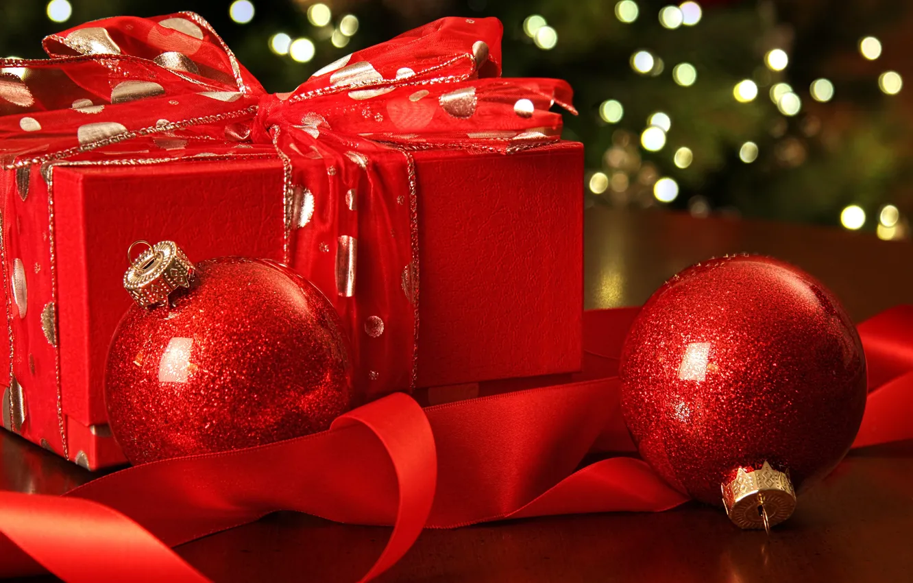Фото обои Новый Год, Рождество, red, balls, merry christmas, gift, decoration
