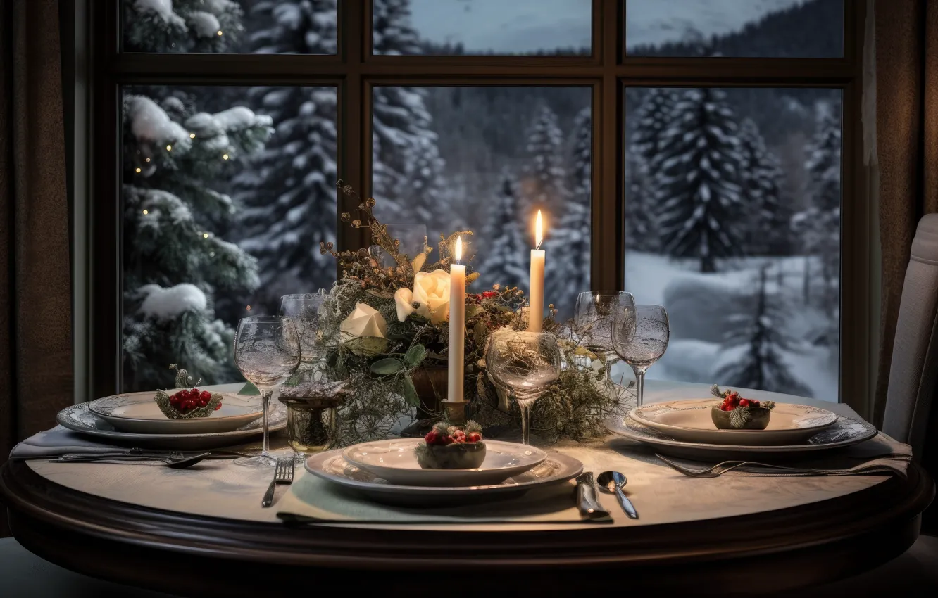 Фото обои зима, снег, украшения, стол, Новый Год, окно, Рождество, new year