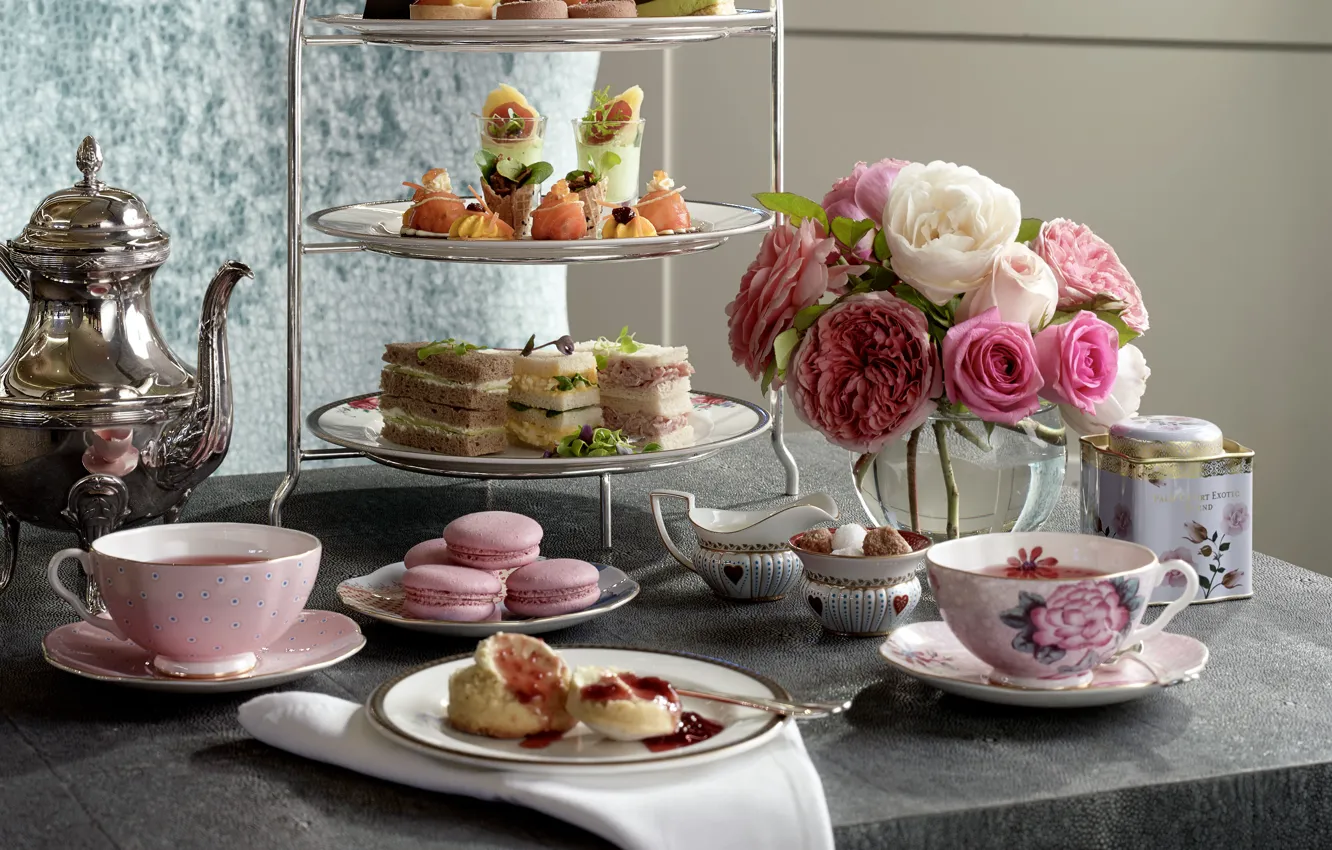 Фото обои цветы, чай, пирожные, традиция, afternoon tea, послеобеденный чай