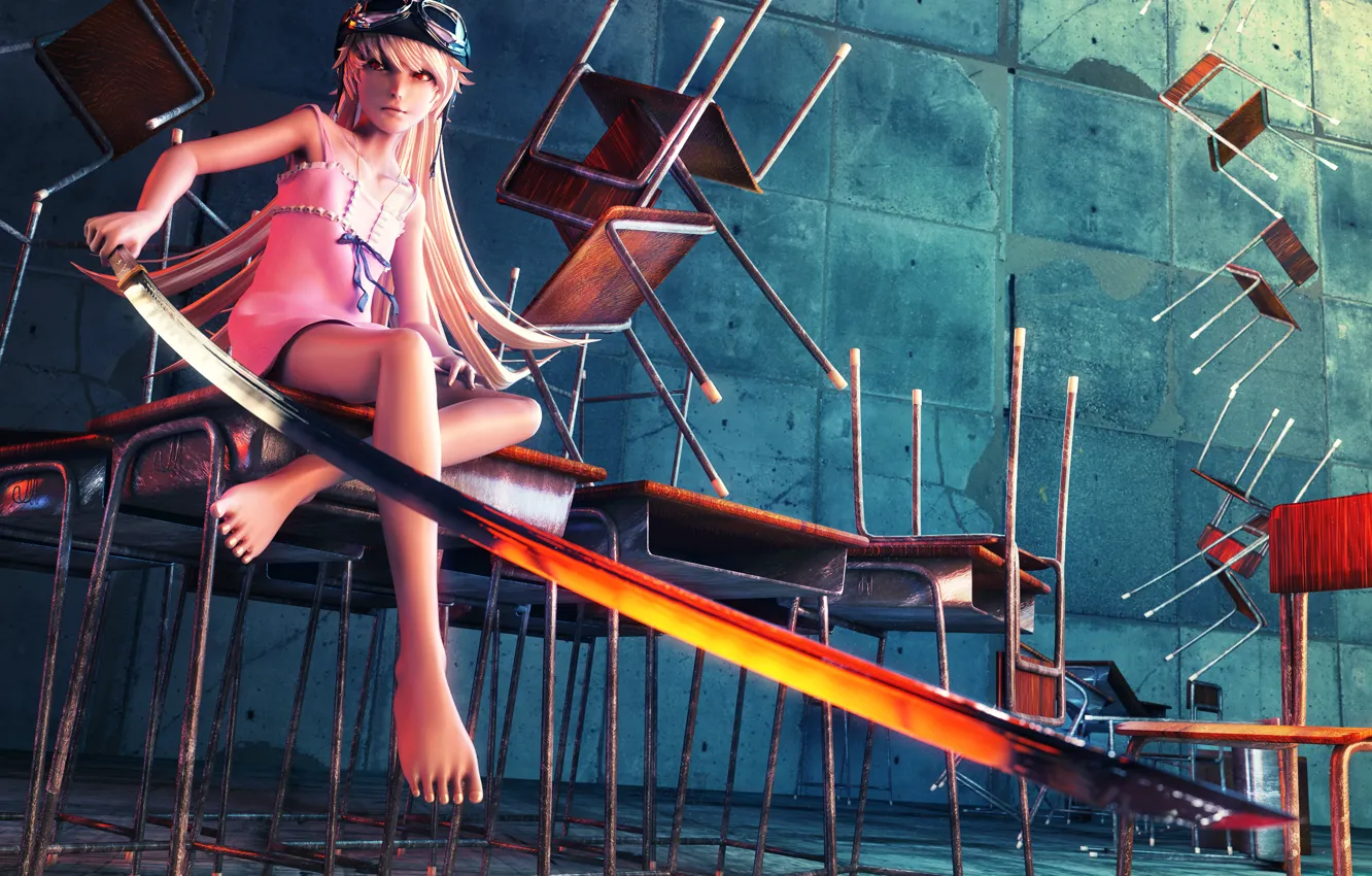 Фото обои девушка, оружие, злость, стулья, меч, шлем, art, bakemonogatari