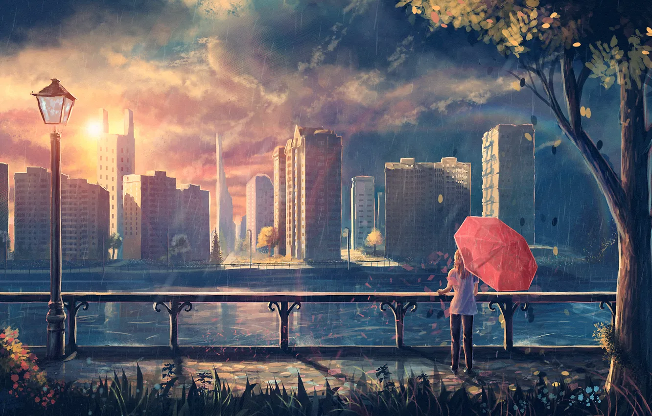 Фото обои девушка, город, дождь, дерево, листва, зонт, арт, фонарь