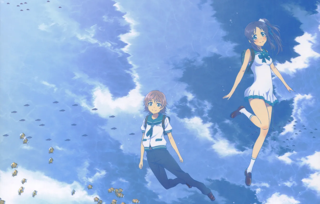 Фото обои рыбки, подводный мир, друзья, школьная форма, школьники, голубое небо, Nagi no Asukara, Когда успокоится море
