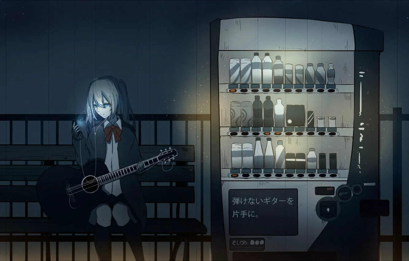 Фото обои девушка, свет, гитара, аниме, наушники, арт, автомат, провод