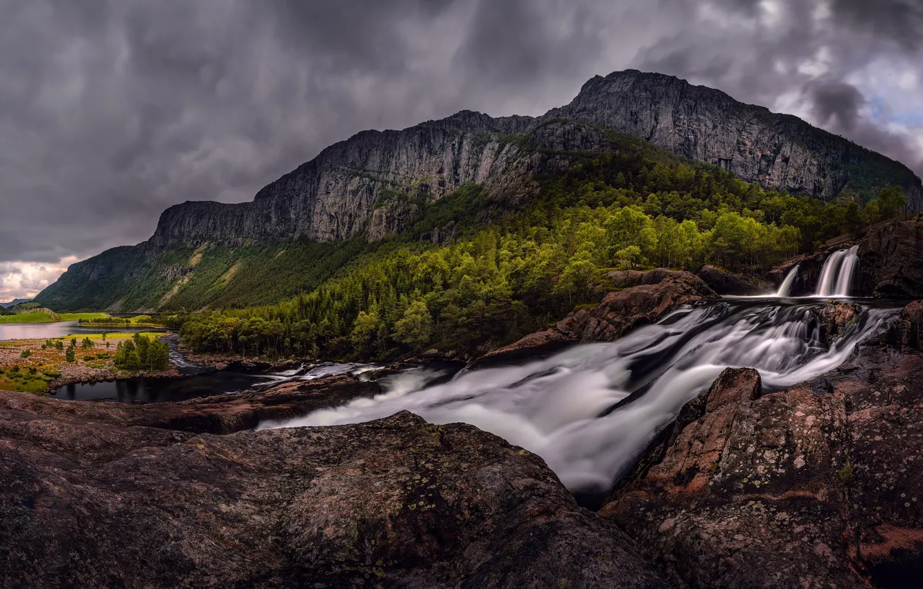 Фото обои лес, лето, вода, облака, деревья, горы, тучи, природа