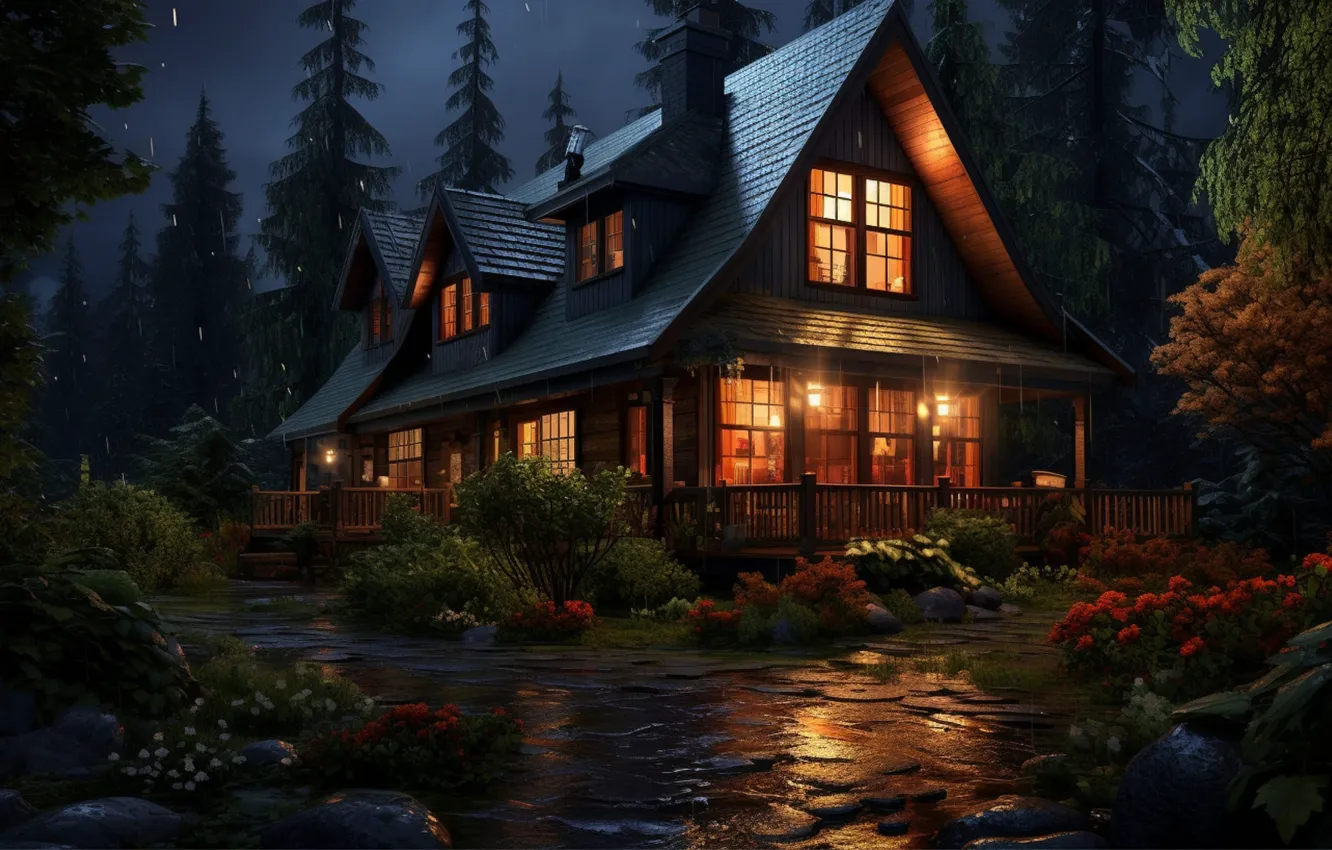 Фото обои лес, лето, капли, цветы, ночь, природа, огни, камни