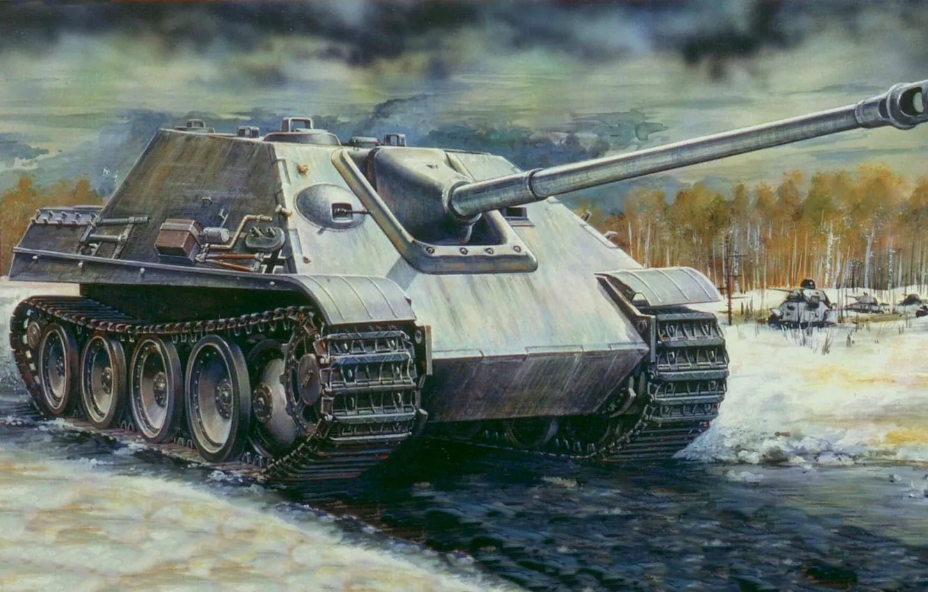 Фото обои зима, война, т-34, Jagdpanther, Ostfront, истребитель танков