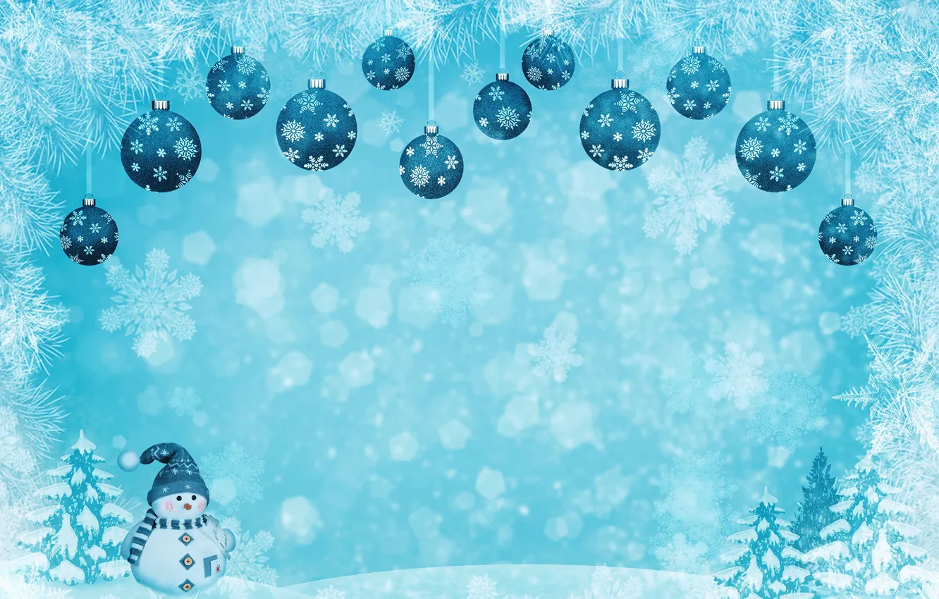 Фото обои зима, шары, графика, Новый год, снеговик