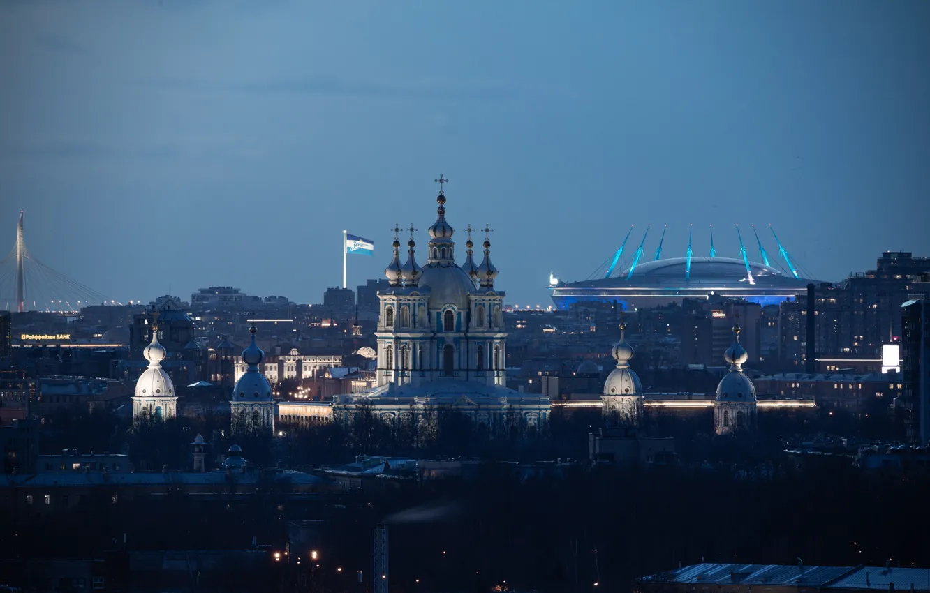 Фото обои город, здания, дома, Питер, Санкт-Петербург, сумерки, Смольный собор, купола