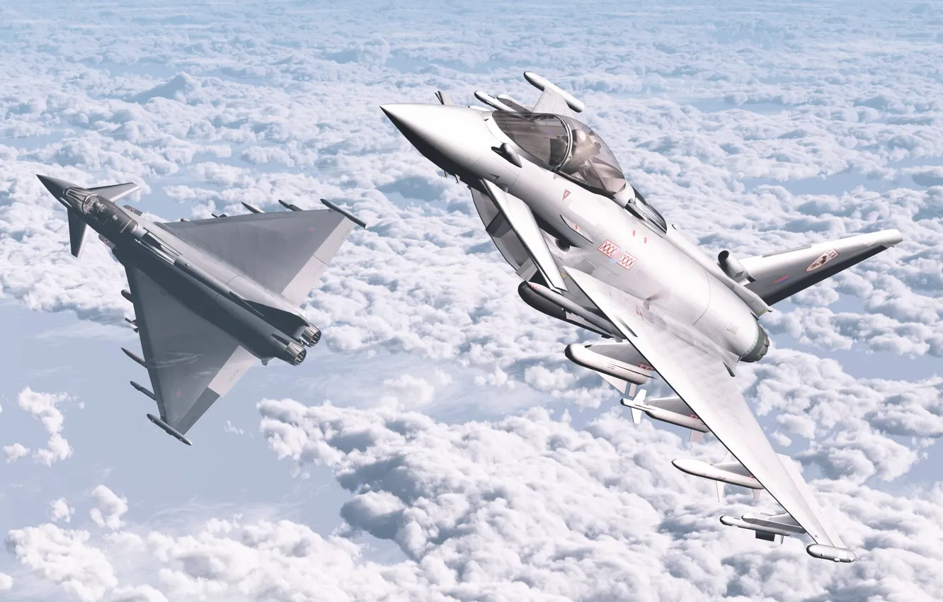 Фото обои Облака, Самолеты, Авиация, Истребители, Typhoon, Eurofighter, Два, 3D Графика