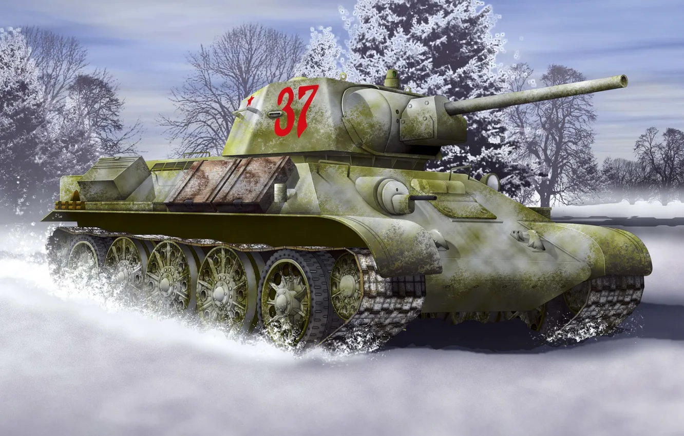 Фото обои зима, Арт, Великая отечественная война, T-34-76, образца 1942 года