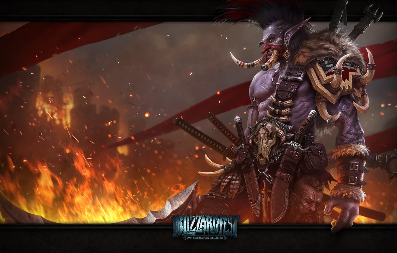 Фото обои оружие, замок, пламя, флаги, WoW, World of Warcraft, троль