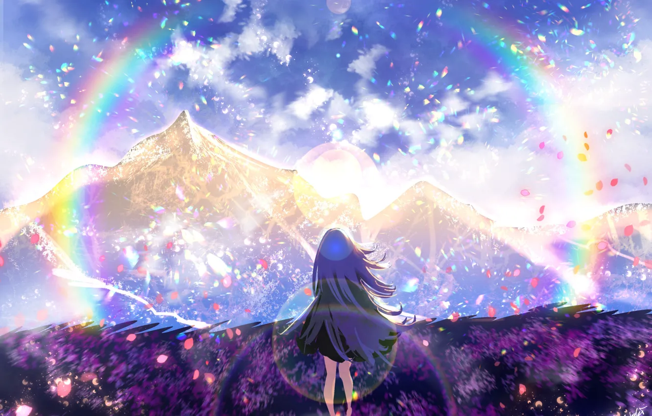 Фото обои небо, горы, поляна, радуга, девочка, by Noki