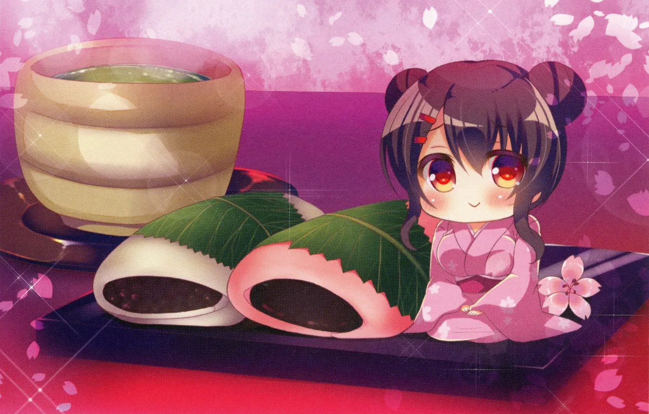 Фото обои Япония, сладости, кимоно, лепестки сакуры, зеленый чай, wagashi, вагаси, чибик