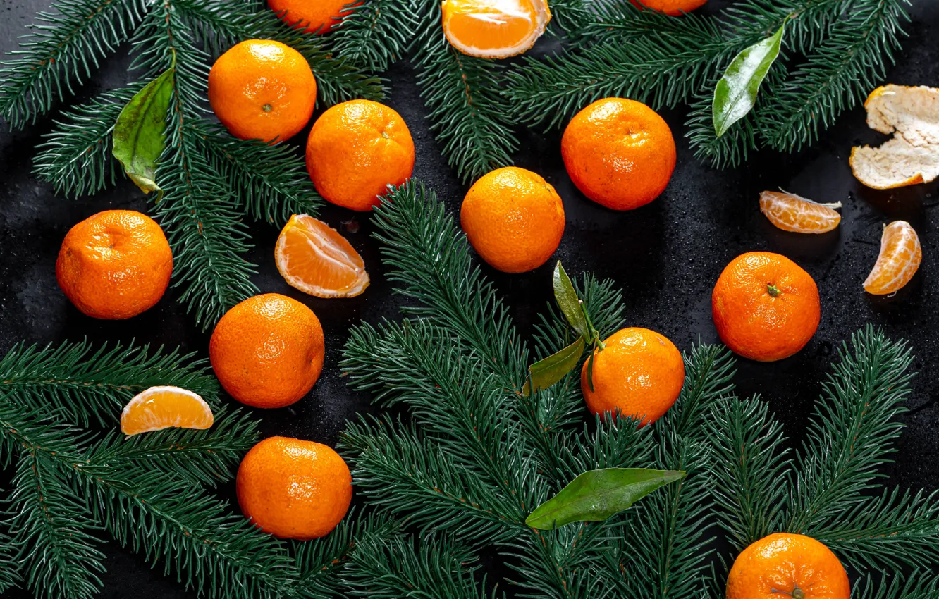 Фото обои Рождество, Новый год, дольки, мандарины, еловые ветки