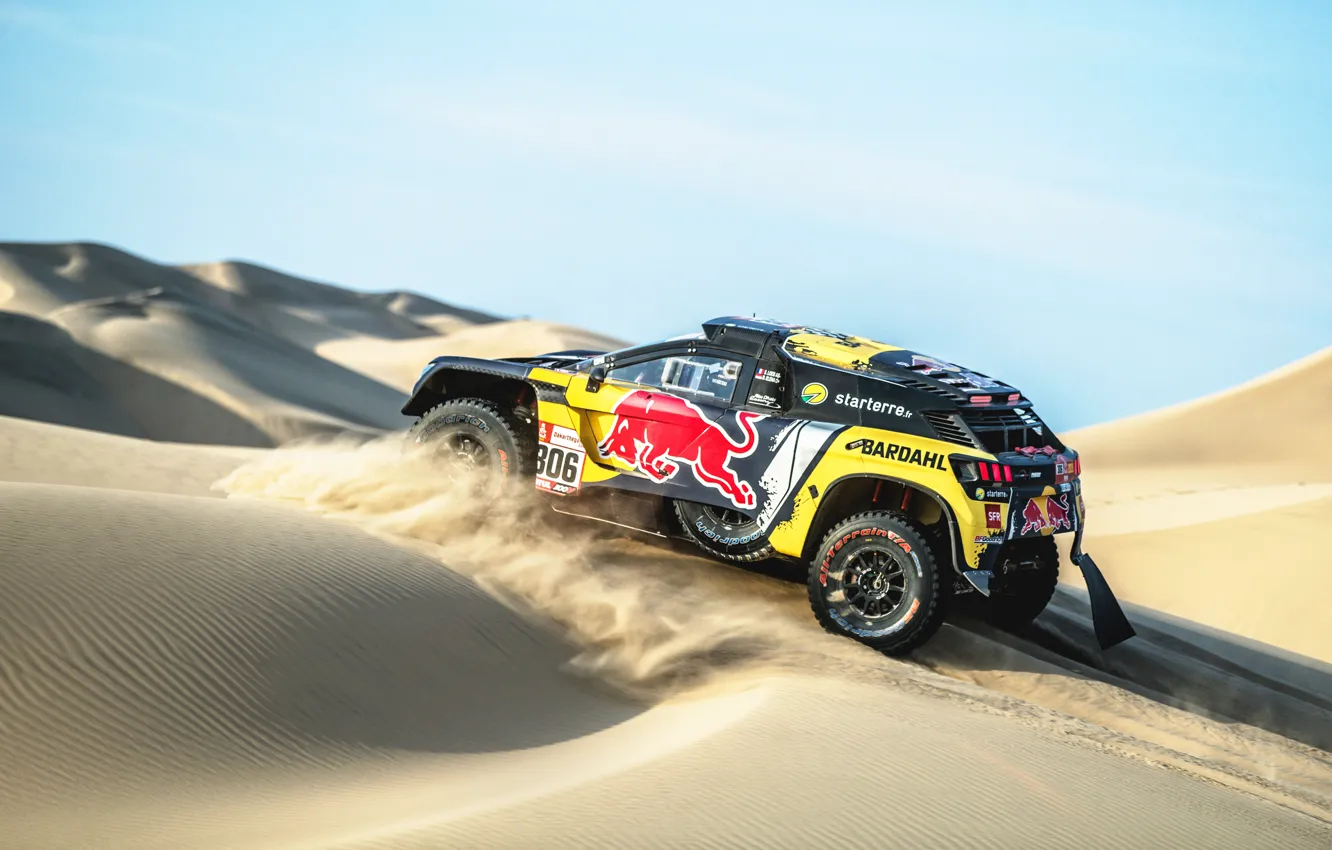 Фото обои Песок, Машина, Скорость, Peugeot, Red Bull, Rally, Dakar, Дакар