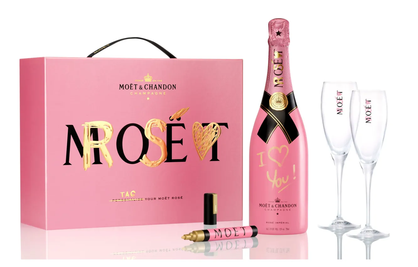 Фото обои розовый, коробка, бокалы, шампанское